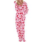 Ketamyy Womens Hooded Footed Onesie Pajamas Casual Zip Fleece Jumpsuit Adult One Piece Pajamas Spring Winter Autumn Comfortable Warm Loungewear Nightwear Detachable Foot Socks Pink/Peach Hearts M