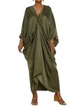 Bsubseach Kaftan Dresses for Women V Neck Maxi Dress Satin Caftans Plus Size Pleated Beach Cover Up Amy Green