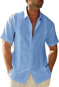 Glacspyg Chemise en Lin Hommes été à Manches Courtes Guayabera Chemise en Lin de Travail Chemise de Loisirs Fit Casual Vacances Bleu Ciel XXL