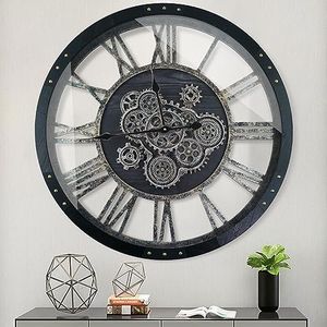 TOPPTIK 36 Inch Moving Gear Wall Clock, Oversized Wall Clocks, Clock Living Room Decor, Solid Wood Frame, Battery Operated, Large Wall Clock with Steampunk Industrial for Fireplace(Black)