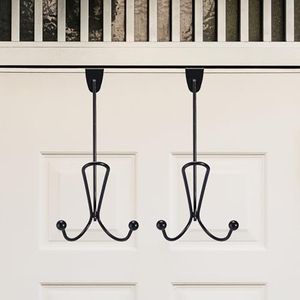 Bolt Dropper Over The Door Metal Hooks Organizer - Set of 2 Black Sturdy Double Hook Hanger - Rack Storage Door Hooks for Hanging Clothes, Robes, Hats, Coats, Bags - Space Saver Storage Solutions