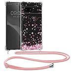 kwmobile Crossbody Case Compatible with Google Pixel 7 Case Strap - Cherry Blossoms Pink/Dark Brown/Transparent