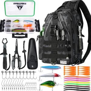 Ghosthorn Fishing Backpack with Tackle Boxes, Fish Pliers, Fish Lip Gripper, Lures, Waterproof Tackle Bag with Rod Holder, Fishing Gear Sling Bag Gift For Men Women Anglers (Black)