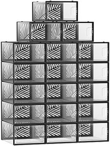 SONGMICS Clear Shoe Boxes, Set of 18 Stackable Plastic Shoe Organizer, Breathable and Foldable Display Storage Bins, for Max. US Size 11, Sneakers, Transparent and Black ULSP106B18