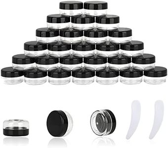 25PCS 10 Gram Sample Containers, 10ml Empty Jars with Lids, Small Cosmetic Containers, Mini Sample Jars with 2PCS Mini Spatulas for Make Up, Oils, Lotion, Powder, Paint, Jewelry, Lip Balms(Black Lid)