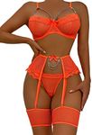 Aranmei Women's Lingerie Sets with Thigh Cuffs Sexy Underwear Set for Women Naughty 4 Pieces Garter Belt Lingerie Set, Orange, X-Large