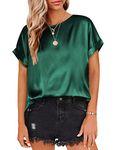 Beyove Women's Short Sleeve Satin Blouses Casual Loose Crewneck Silk Shirts Roll Up Sleeve Tops Green L