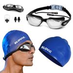 SLOVIC Black Swimming Goggles & Blue Swimming Caps for Men & Women with Silicon Nose Bridge | Free Size Cap, UV-Protected Anti-Fog Glasses, Push-Button Strap with Ear Plugs & Nose Clip - Swimming Kit