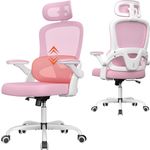 Ergonomic Office Chair, Home Office Desk Chair with Headrest, High Back Computer Chair with Flip-up Armrests and Adjustable Lumbar Support for Home Office Study Room Bedroom, Pink