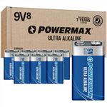 Powermax 8-Count 9V Batteries, Ultra Long Lasting Alkaline Battery, 7-Year Shelf Life, Reclosable Packaging