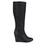 Brinley Co. Womens Regular and Wide Calf Round Toe Faux Leather Mid-calf Wedge Boots, Black Wide Calf, 7.5