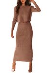 PRETTYGARDEN Women's Winter 2 Piece Sweater Set Ribbed Knit Long Sleeve Crop Tops and Maxi Bodycon Skirt Casual Outfits (Brown,Large)