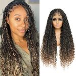 Humistwbiu Bohemian Braided Wigs Boho Box Braid Wigs Knotless Goddess Locs Wigs with Curly Ends Double Full Lace Square Synthetic Light Brown Braided Wigs with Baby Hair for Woman (36 Inch,1B/27)