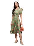 Miss Chase Women's Multicolored-Base-Green V-Neck Pleated Puff Sleeve Floral Wrap Midi Polyester Dress (MCAW21D14-84-166-02, Multicolored-Base-Green, XS)