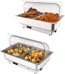 2 PACK Electric Chafing Dishes Adjustable Temp Roll Top Food Warmer with 2 x 4.5 QT Size Pans, Stainless Steel Buffet Servers and Warmers, Temp Display Food Warmer Transparent Lid Chafers for Parties