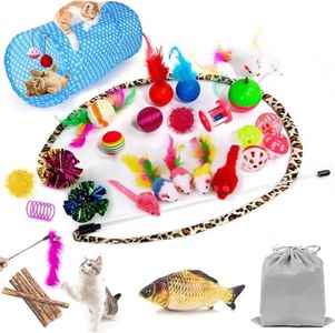 AILUKI 35 PCS Cat Toys Kitten Toys Assortments,Variety Catnip Toy Set Including 2 Way Tunnel,Cat Feather Teaser,Catnip Fish,Mice,Colorful Balls and Bells for Cat,Puppy,Kitty