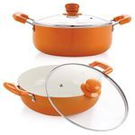 NIRLON Ceramic Non Stick Induction Base Cookware Aluminium Pots and Pans Set | Kadhai 24cm / 3Ltr with Glass Lid | Casserole 24cm / 3.1Ltr with Glass Lid