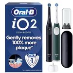 Oral-B iO2 Electric Toothbrushes, 2 Handles, Night Black & Forest Green - 2 Gentle Care Brush Heads, Travel Case, Travel Refill Holder, Toothbrush for Adults, Designed by Braun, UK Two Pin Plug