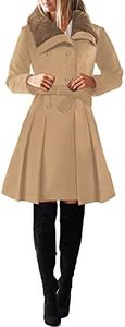SAUKOLE Womens Fashion Detachable Faux Fur Lapel Double-Breasted A Line Wool Trench Pea Coat Jacket with Belt