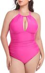 Ocean Blues Women's Hot Pink Ruched Tummy Control One Piece Bathing Suit Retro Vneck One Piece Swimsuit Size Medium