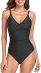 RELLECIGA Women's Black V Neck Ruched One Piece Swimsuit Twist Front Bathing Suits Size Large