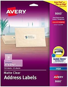 AVERY Frosted Address Labels with Matte Finish, 1" x 2-5/8", 750 Clear Labels (8660)