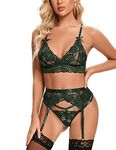 Aranmei Women Sexy Lingerie Set with Garter Belt 3 Piece Lace Bra and Panties for Women Naughty Babydoll Bodysuit Green S