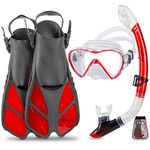 Seavenger Diving Dry Top Snorkel Set with Trek Fin, Single Lens Mask and Gear Bag, XS/XXS - Size 1 to 4 or Children 10-13, Gray/Clear Red