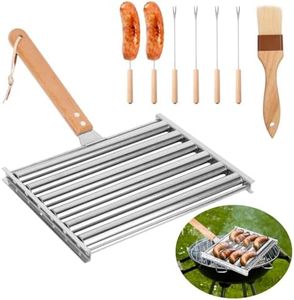 MYCHA Hot Dog Roller Grill with Long Wood Handle & 6PCS BBQ Skewers 1PCS Sauce Brush, Outdoor Camping BBQ Hot Dog Griller Roller-Large Size