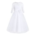 FEESHOW Kids Flower Girls Dress Floral Lace Communion Wedding Dress for Bridesmaid Ballroom Prom Party Pageant Evening Gowns White 8 Years