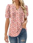 EFFAN Womens Summer Tops Casual V Neck Pleated Puff Short Sleeve T Shirts Dressy Tunic Blouse Pink Green Floral L (UK 16-18)