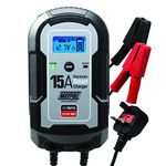 Maypole 15A Dual Voltage 12 24V Electronic Smart Car Battery Charger 10L Fully Automatic 9 Stage Charging Cycle Heavy Duty Lead Acid AGM GEL Car Motorbike Van Motorhome Lorry