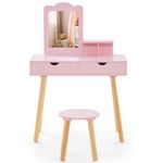 Maxmass 2-in-1 Kids Vanity Table and Stool, Wooden Children Dressing Table Set with Detachable Mirror, 2 Drawers and Open shelf, Princess Makeup Dresser Desk for Girls (Light Pink)