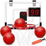 Pro Indoor Mini Basketball Hoop for Kids Adults, Wall Mount Automatic Scoring Basketball Hoop with 4 Rubber 6 Inch Balls, Electronic Scoreboard Large Dunk Rim Gift for Birthday Pool Office Sport Game