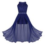 FEESHOW Youth Big Girls Halter Chiffon Pleated Maxi Romper Dress Wedding Party Evening Dance Prom Long Gowns Royal Blue 10