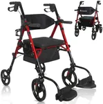 FlyingJoy 2-in-1 Lightweight Rollator Walker with Seat and Extra Wide Backrest, Foldable Rolling Walker with All-Terrain 10-inch Front and 8-inch Rear Wheels for Seniors, Supports up to 300 lbs