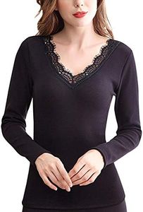 Flygo Womens Thermal Fleece Lined Cotton Underwear Lace Long Sleeve V-Neck Top (Large, Black)