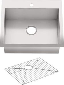 KOHLER Vault 25" Single Bowl 18 Gauge Stainless Steel Kitchen Sink with Single Faucet Hole K-3822-1-NA Drop-in or Undermount Installation, 9 Inch Bowl