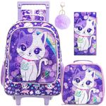 Kids Rolling Backpack for Girls, Roller Wheels School Bag with Lunch Bag, Sequins Wheeled Bookbag for Children - Cat