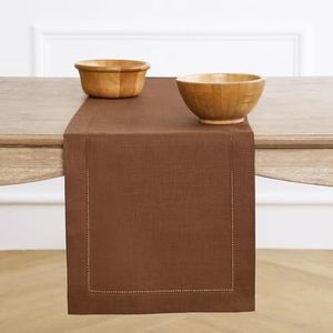 Solino Home 100% Linen Table Runner Brown, Classic Hemstitch 14 x 156 in