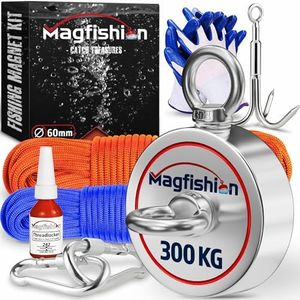 MAGFISHION Magnet Fishing Kit - 300 KG (700lb) - Ø60mm - Super Strong Neodymium Magnet with 2 Ropes, Grappling Hook, Carabiner, Gloves, Threadlocker - Magnetic Powerful Magnets