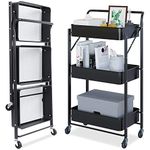 Dripex Foldable Storage Trolley Cart, 3-Tier Metal Rolling Organizer Cart with Casters, Mobile Utility Service Cart for Kitchen Bathroom Office Laundry (Black)