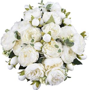 XONOR 3 Packs Artificial Peony Silk Flowers Glorious Flower Bouquets for Wedding Party Bridal Home Decoration, 5 Forks, 9 Head White