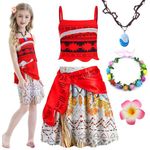 Moana Costume for Kids, Adventure Dress Up for Girls with Flower Crown Necklace Clip, Moana Fancy Dress for Halloween Cosplay