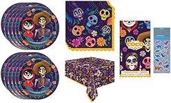 Disney Coco Party Supplies Bundle Pack includes 16 Lunch Plates, 16 Napkins, 1 Table Cover, 8 Dinosaur Sticker Sheets (Bundle for 16)