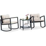 Tangkula 3 PCS Wicker Rocking Set, Outdoor Rocking Chairs and Table Set with Cushions, Glass Coffee Table with Storage Shelf, Suitable for Patio, Garden, Poolside, Balcony and Any Outdoor Area (Black)