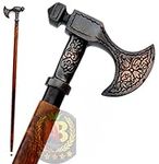 Antique Axe Viking Walking Stick Cane Red Wood Two Fold Unique Design Handle Best for Costume Men Women