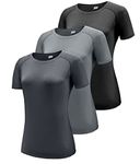 Boyzn Women's 3 Pack Workout Tops Short Sleeve Moisture Wicking Shirts UPF 50+ Sun Protection Yoga Gym Top Athletic Running Casual T-Shirts Black/Grey/Dark Grey-3P15-L