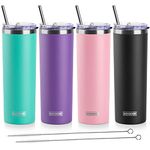 Koodee 20 oz Stainless Steel Skinny Tumblers (4 Pack) Double Wall Insulated Water Tumbler Cup with 4 Lids, 4 Straws and 2 Straw Brushes (Teal/Purple/Pink/Black)