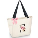 Vavabox A-Z Initial Personalized Tote Bag,Waterproof Gifts for Women, Bridesmaids,Mom,Teachers,Friends(S, Beige)